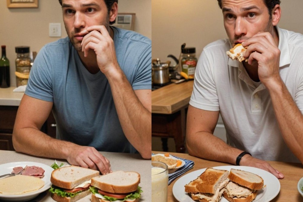 Мужчина доедает поздний ужин