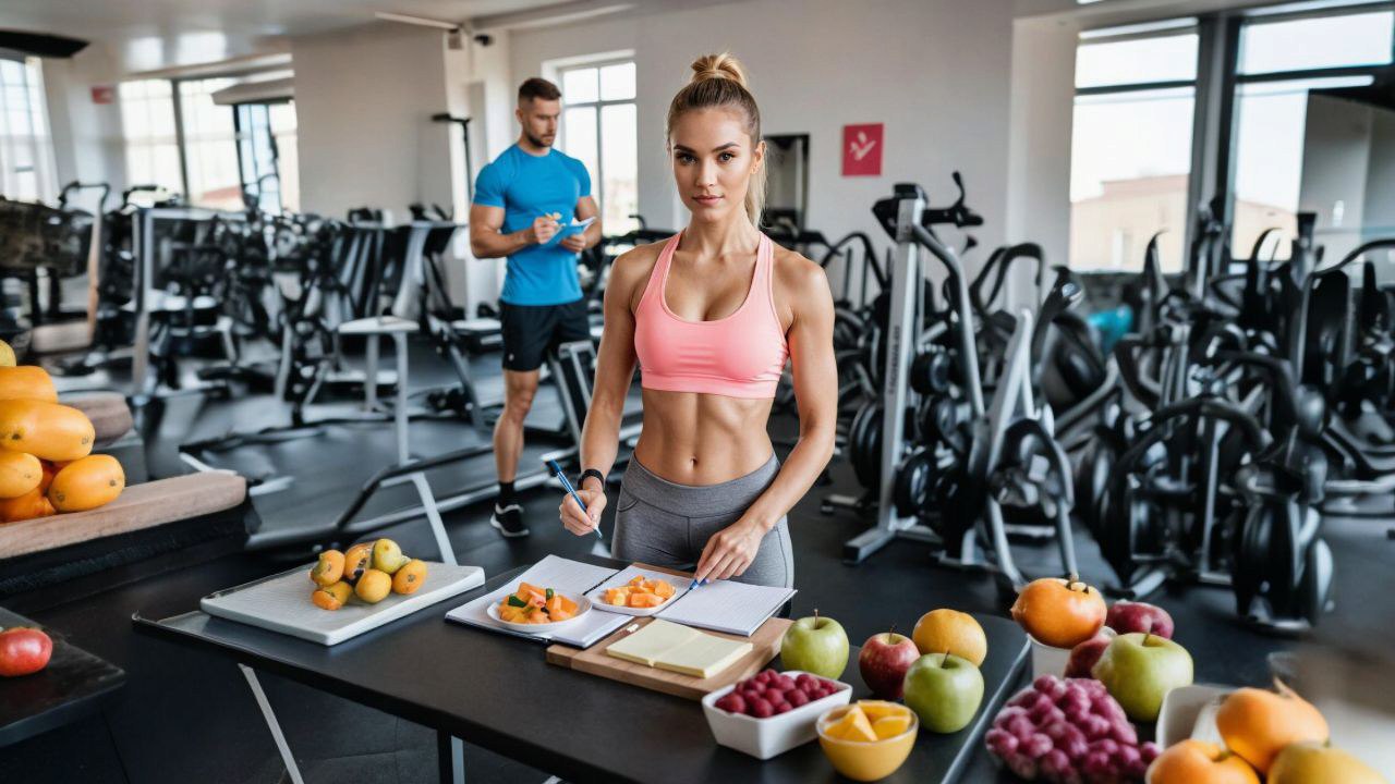 Девушка в спортзале записывает свои результаты в блокнот