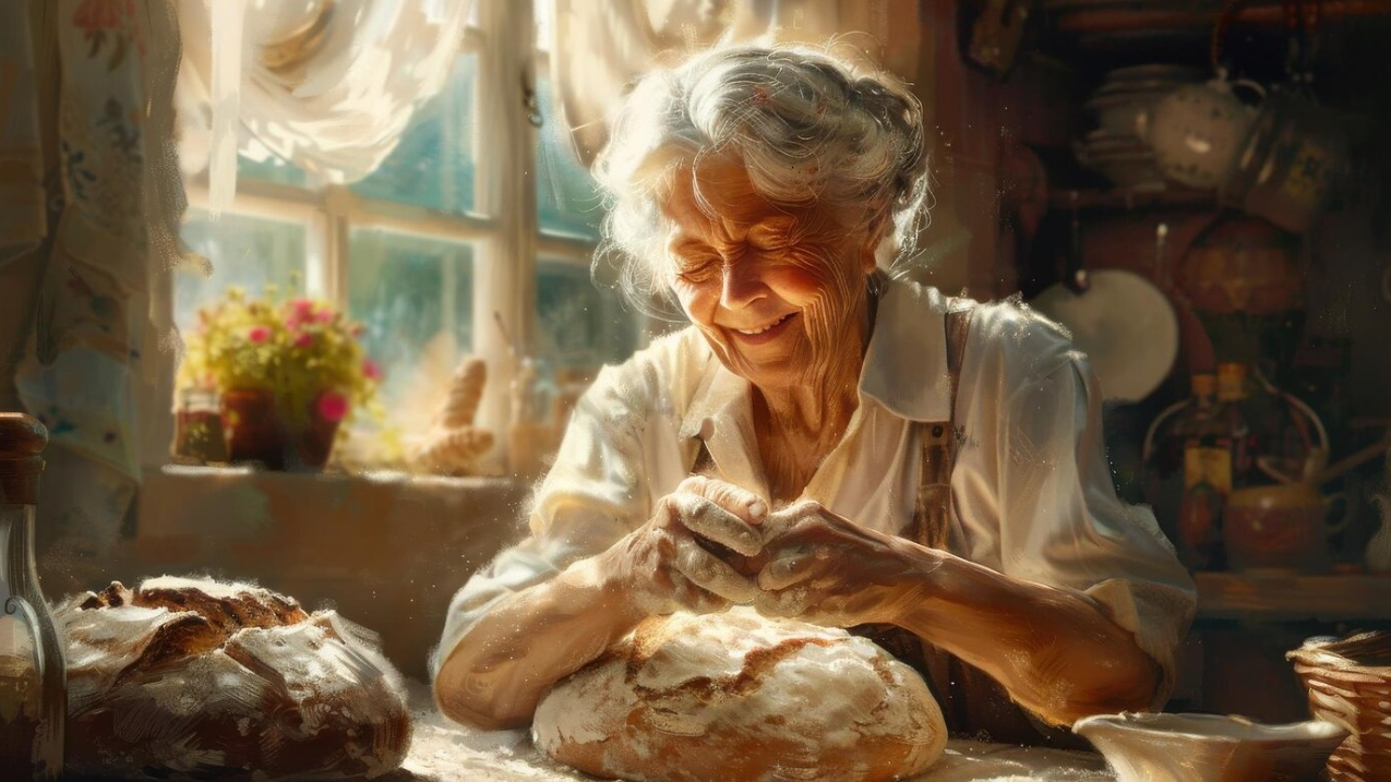 Счастливая бабушка замещивает тесто для пирожков