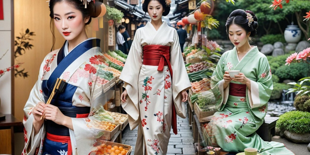 три японские девушки в традиционных костюмах