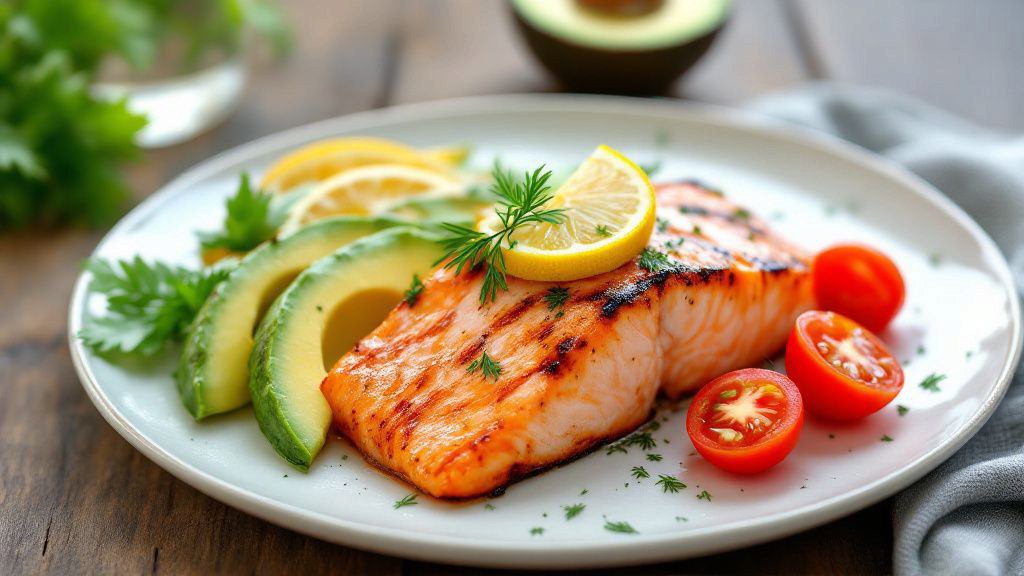 Тарелка с рыбой помидорами и авокадо