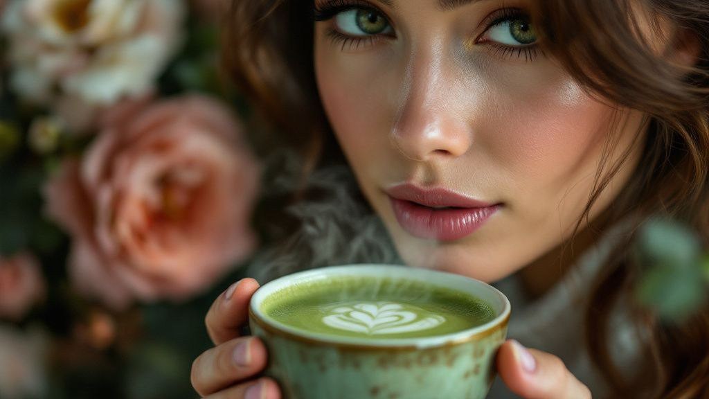 Девушка пьёт зелёную матчу