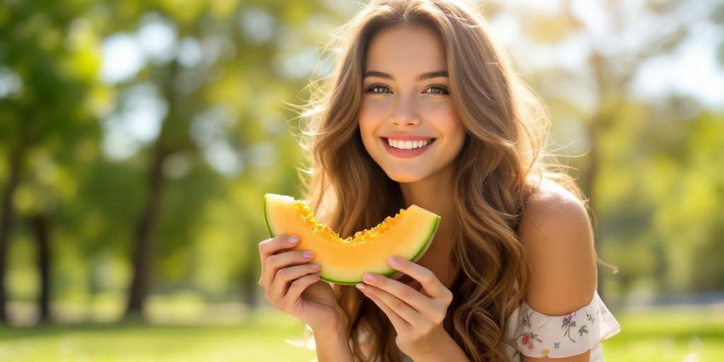 Красивая девушка ест дыню