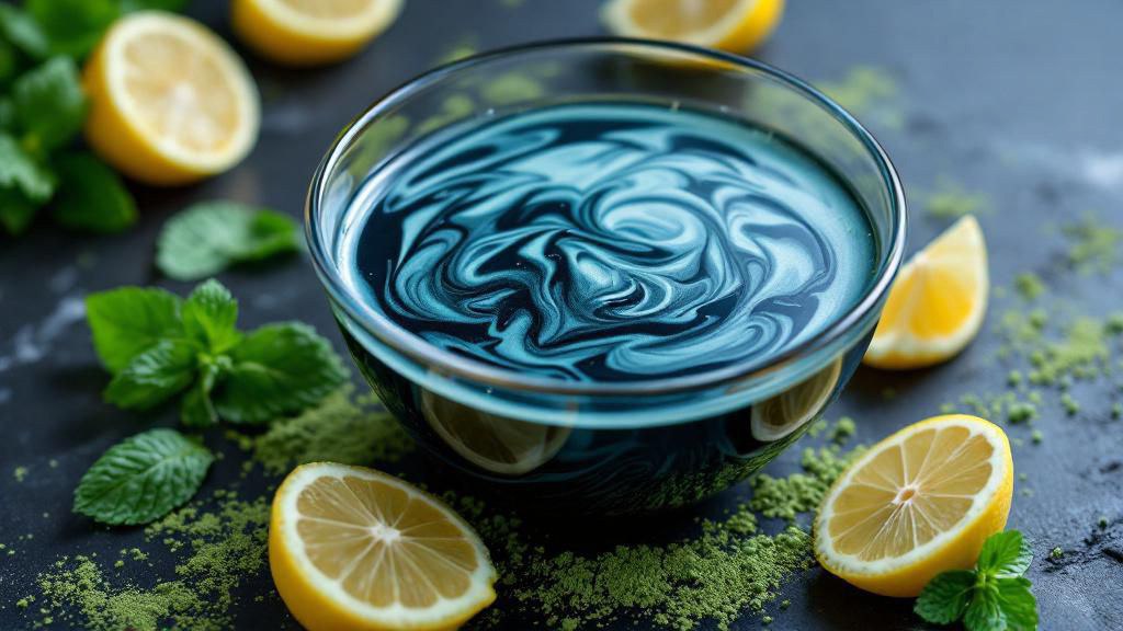 Прозрачная пиала с голубой матчёй и дольками лимона