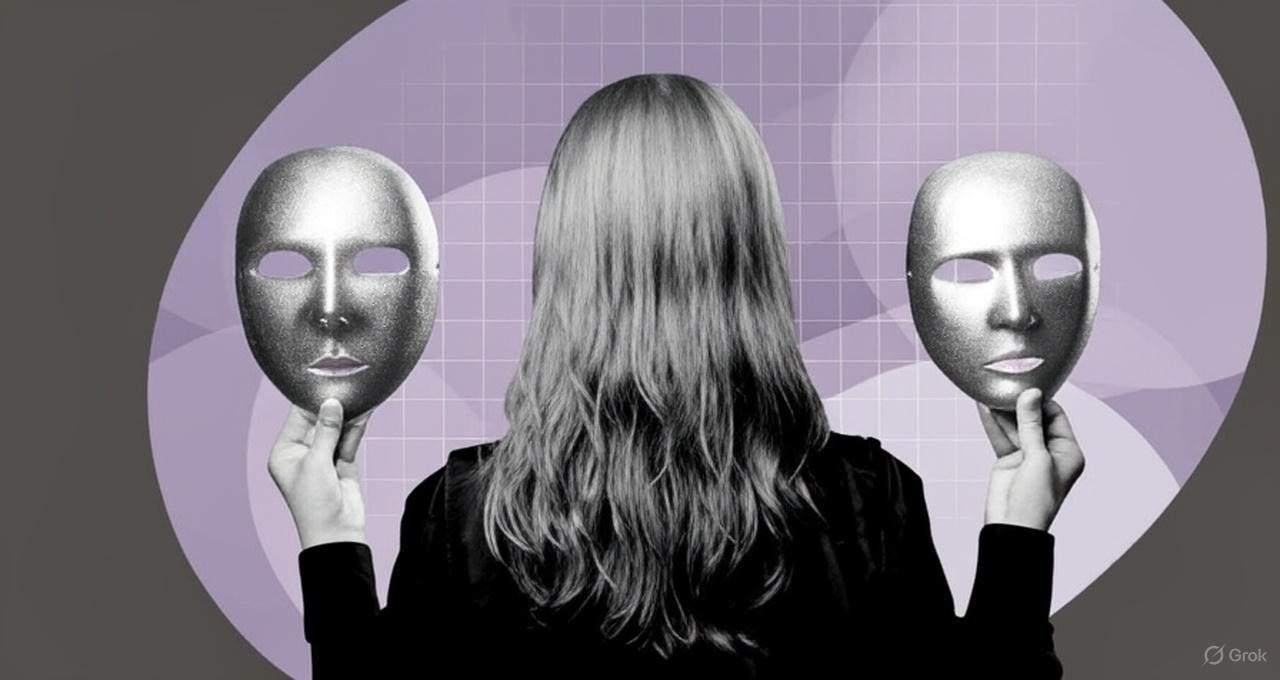 Девушка стоит спиной и держит в руках маски самозванцев