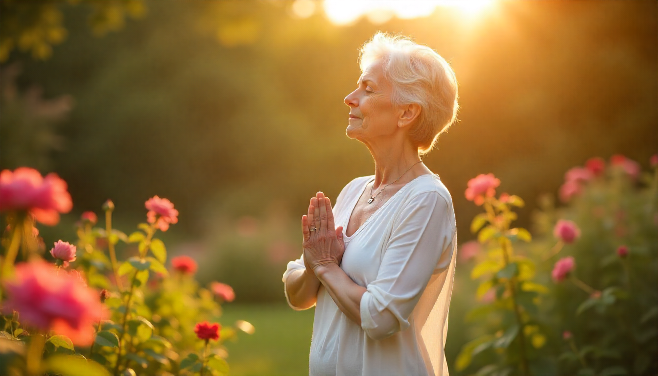 Пожилая женщина релаксирует среди цветов