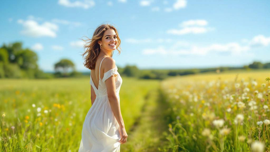 Женщина в расцвете сил идёт по тропинке в поле