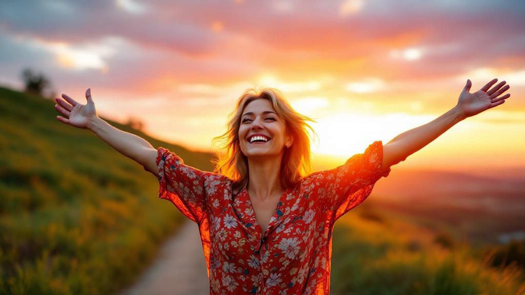 Женщина в расцвете сил стоит на вершине холма раскинув руки на фоне яркого заката