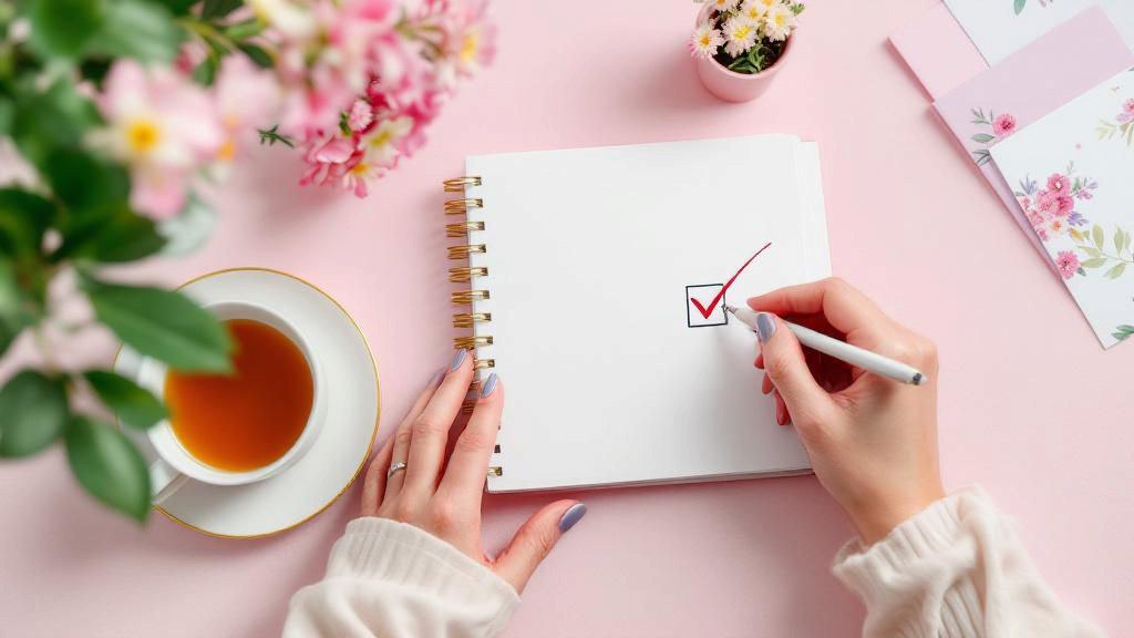 Женская рука ставит галочку в красивом ежедневнике