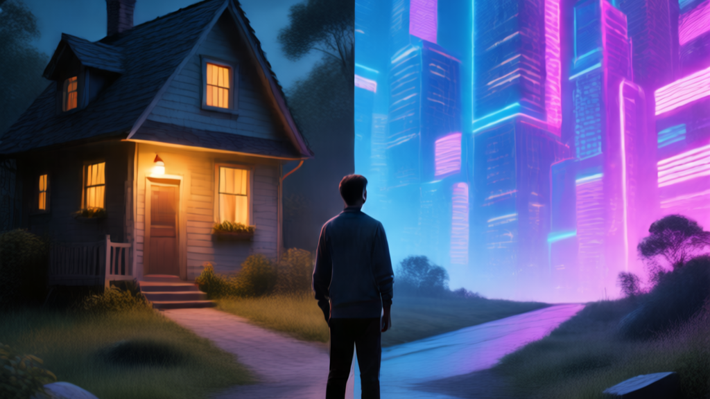 Человек стоит на распутье одна дорога ведёт в тёплый, знакомый дом слегка выцветший, другая — в ослепительный, освещённый неоновыми огнями город