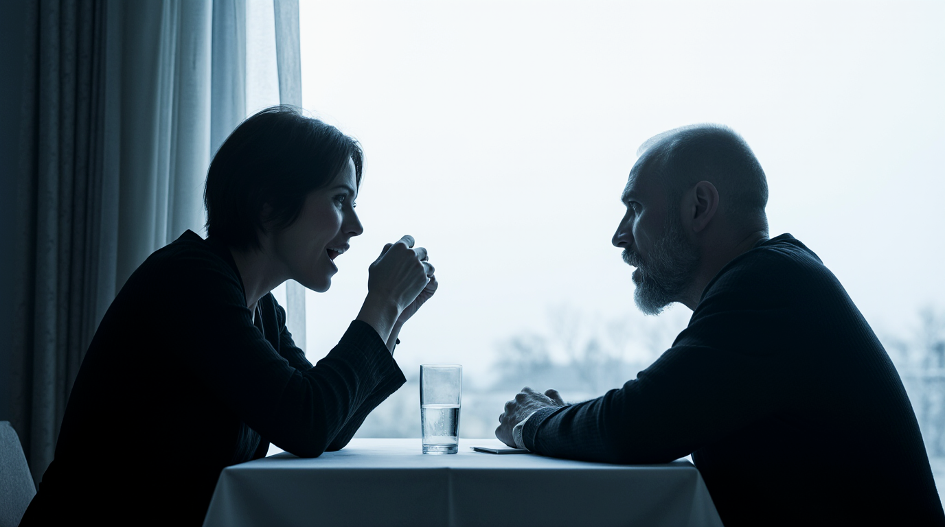 Два человека за тускло освещённым столом один что-то горячо говорит, другой застыл в шоке