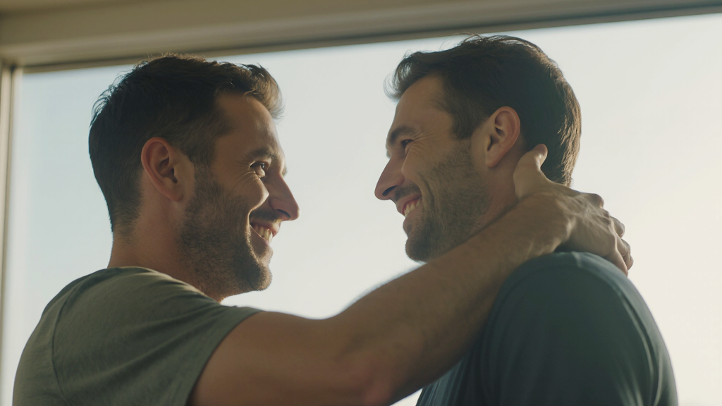 Двое мужчин пожимают друг другу руки или хлопают по плечу после искреннего комплимента