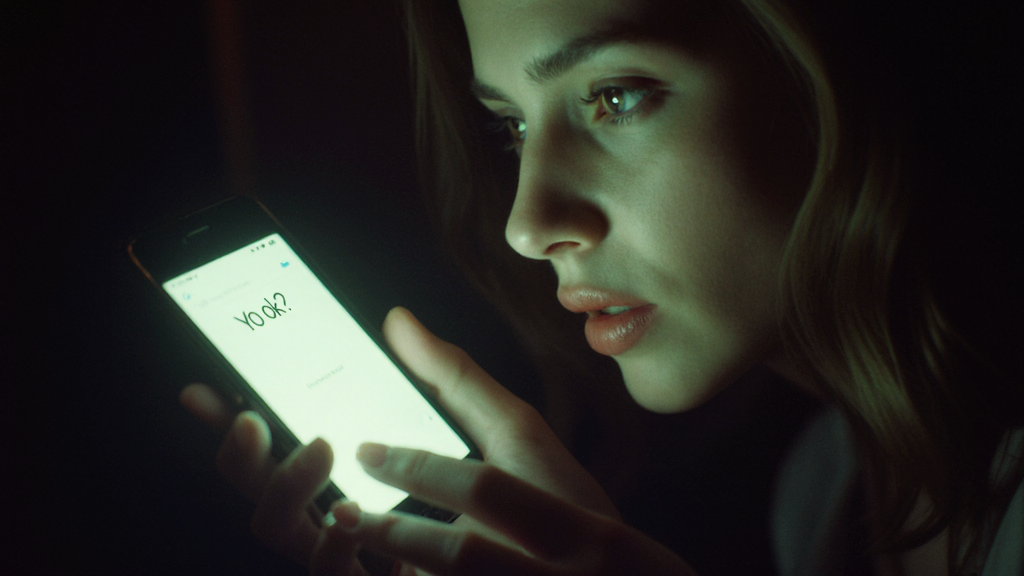 Экран телефона светится в темноте «Ты как» в 217 ночи, женская рука зависает над клавиатурой, на лице противоречивые эмоции