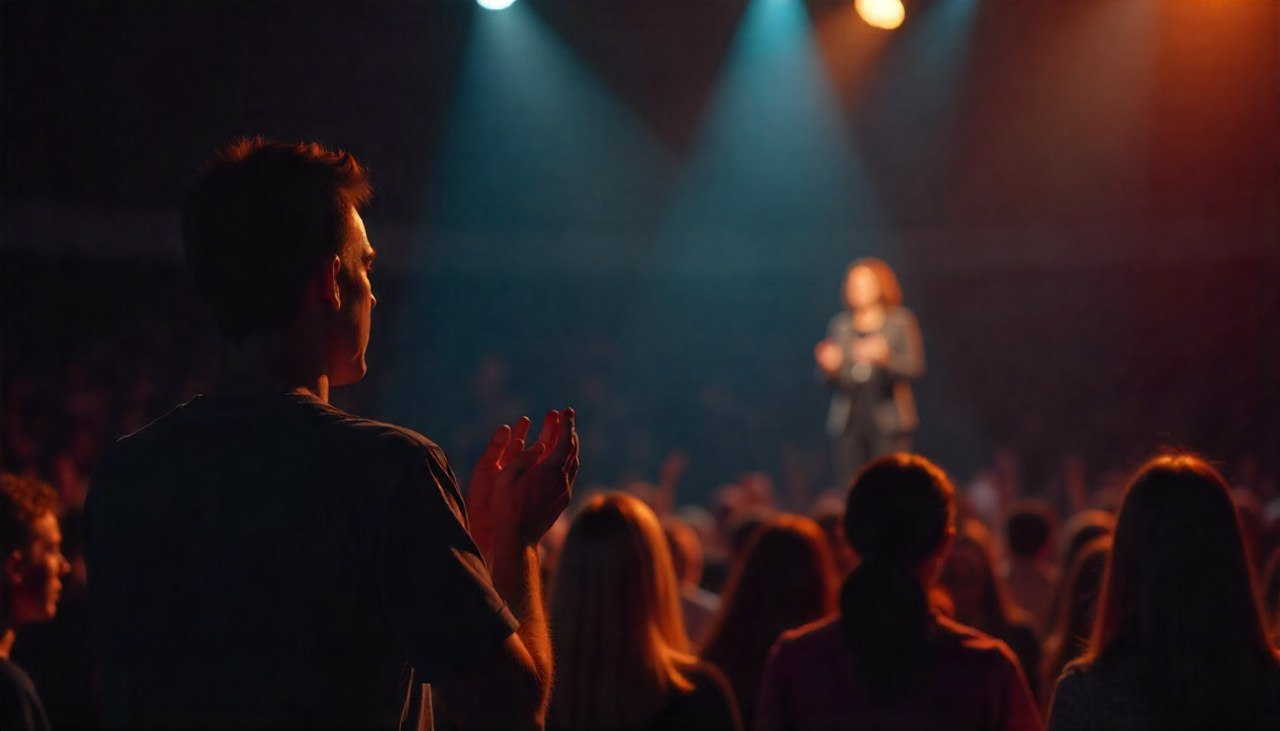 Мужчина аплодирует с трибуны, пока женщина выступает с речью на сцене.