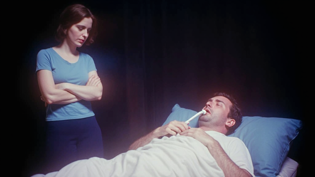 Мужчина драматично лежит на диване под одеялом, с градусником во рту, и жалобно смотрит на женщину