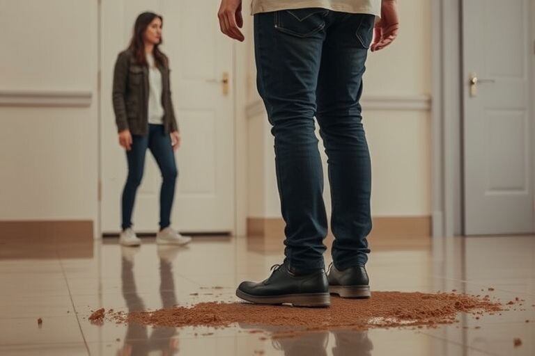 Мужчина намеренно ходит в грязных ботинках по чистому полу, в то время как его партнёрша смотрит на него с обидой и недоумением