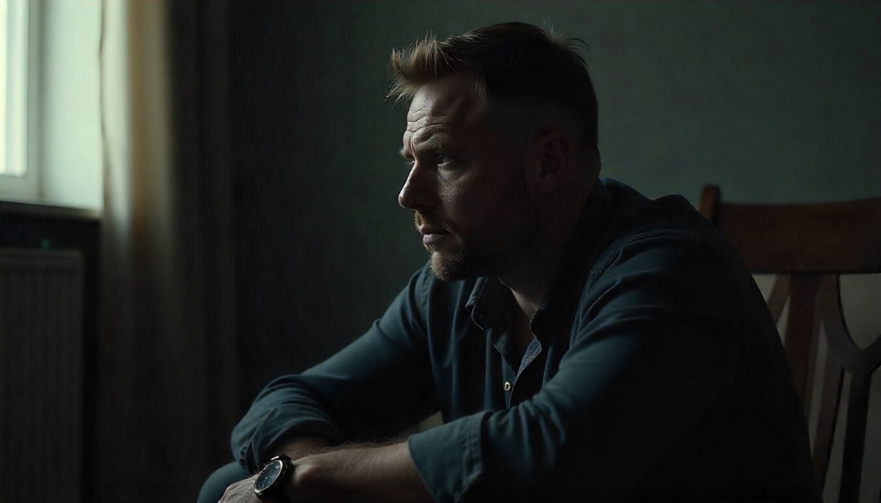 Мужчина сидит неподвижно, выглядит уязвимым, но сильным