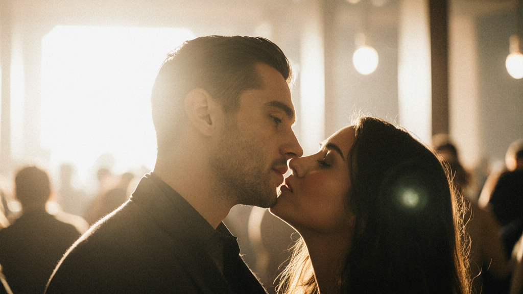 Мужчина смотрит только на свою партнёршу в переполненном зале, все остальные расплываются перед его глазами