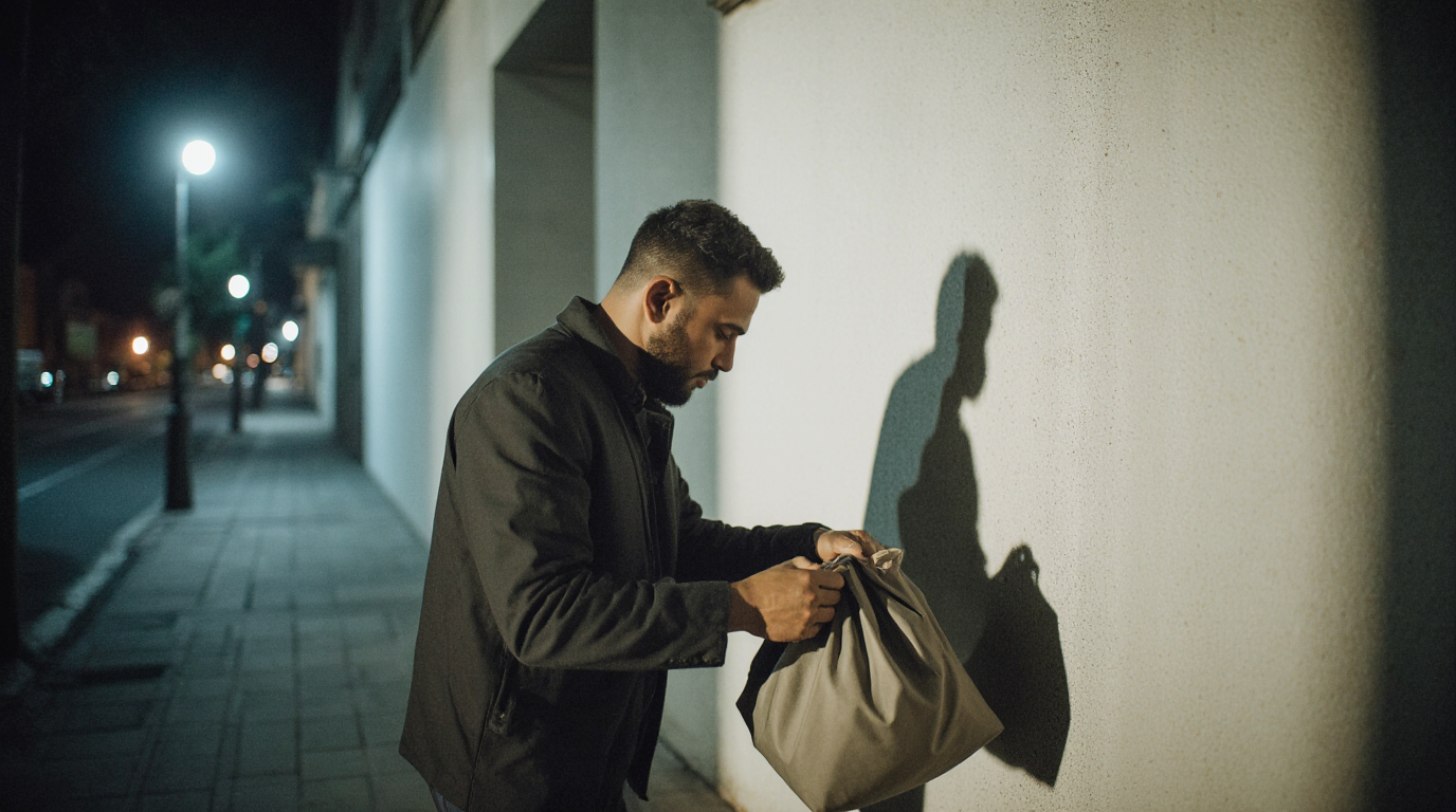 Мужчина собирает небольшую сумку поздним вечером
