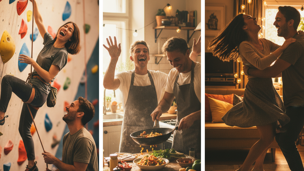 Пара смеётся, пробуя что-то новое скалолазание, приготовление необычного блюда, неуклюжие танцы