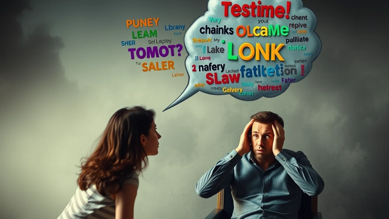 Женщина что-то оживлённо говорит, облачка с текстом переполнены разноцветными хаотичными мыслями и эмоциями