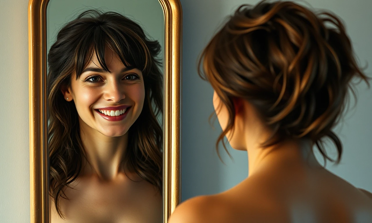 Женщина идеально улыбается перед зеркалом, но в отражении видно, что она измотана, у неё растрёпанные волосы и усталые глаза