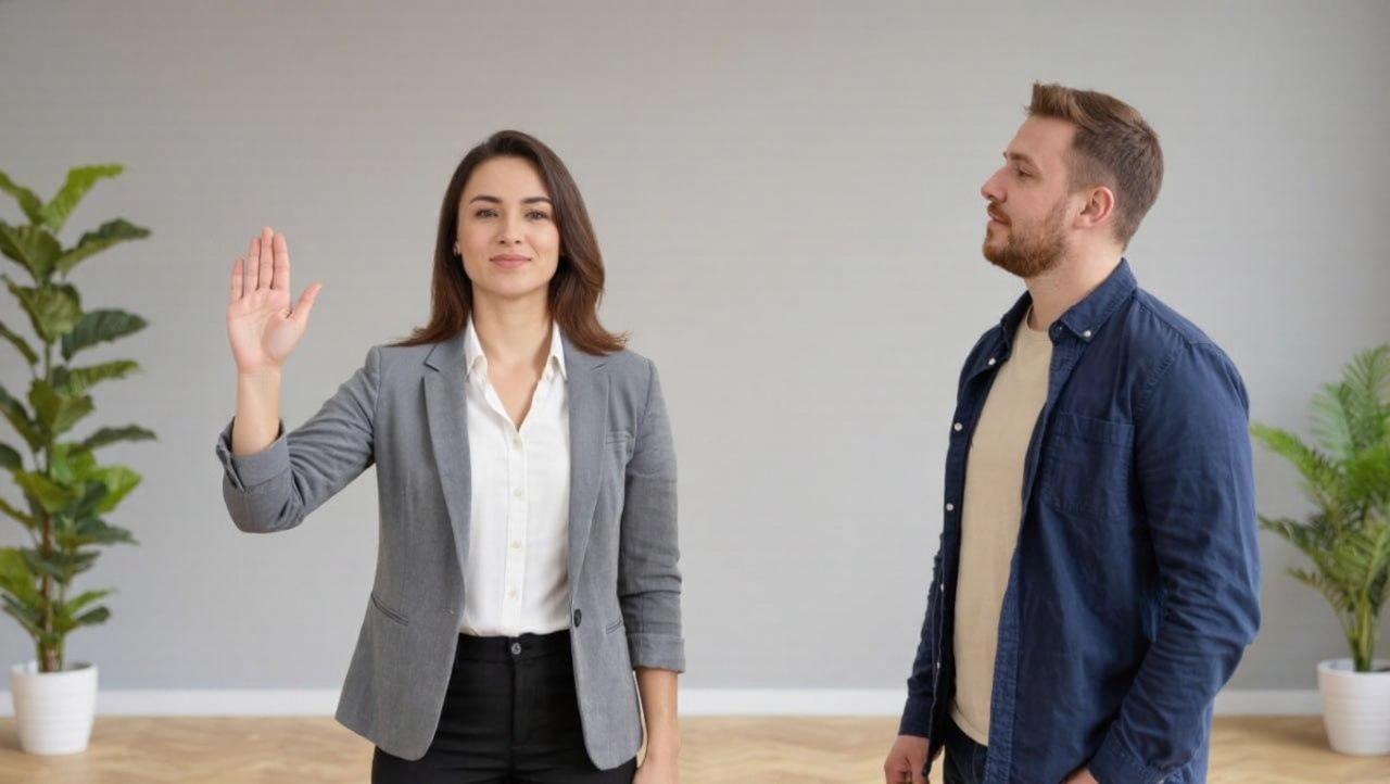 Женщина мягко, но твердо поднимает руку, говоря “стоп”, в то время как мужчина почтительно стоит на расстоянии