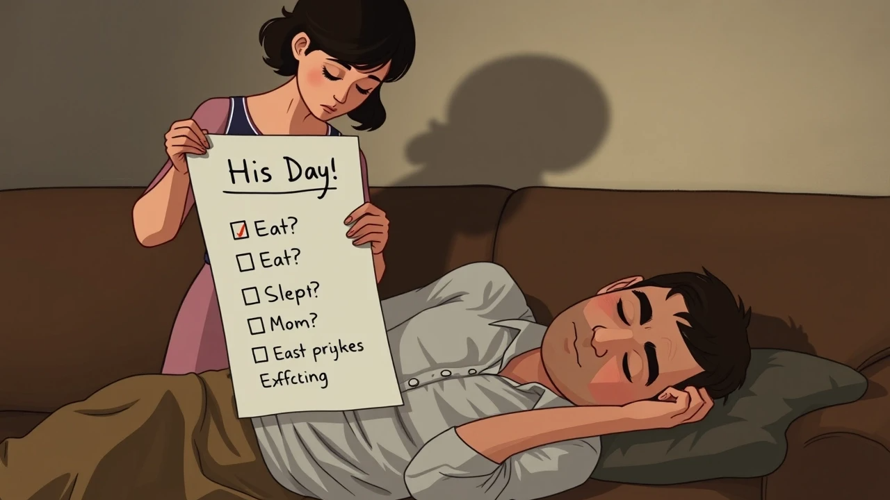 Женщина с чек-листом под названием Его день, в котором есть такие пункты, как «Поел «Поспал Позвонил маме
