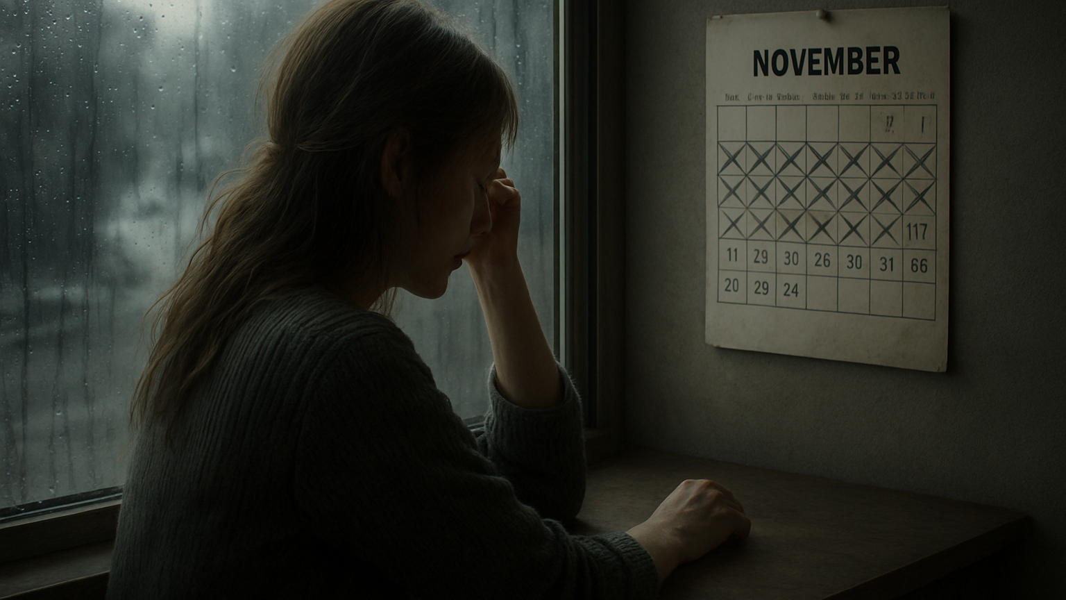 Женщина сидит у окна смотрит на календарь с зачёркнутыми днями
