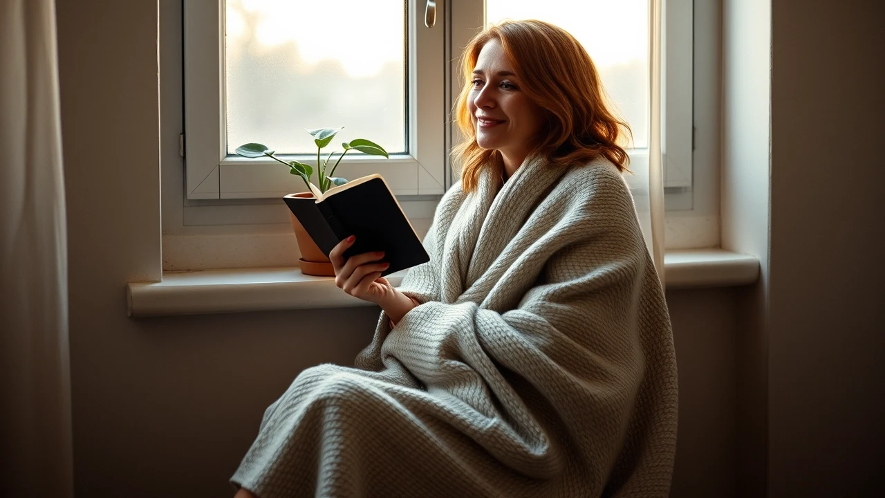 Женщина, сидящая в одиночестве у окна, укутанная в уютное одеяло, с дневником в руке