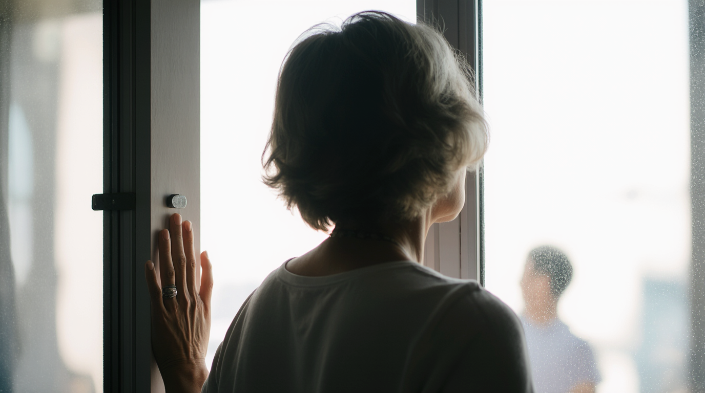 Зрелая женщина спокойно закрывает дверь, повернувшись спиной к мужчине снаружи