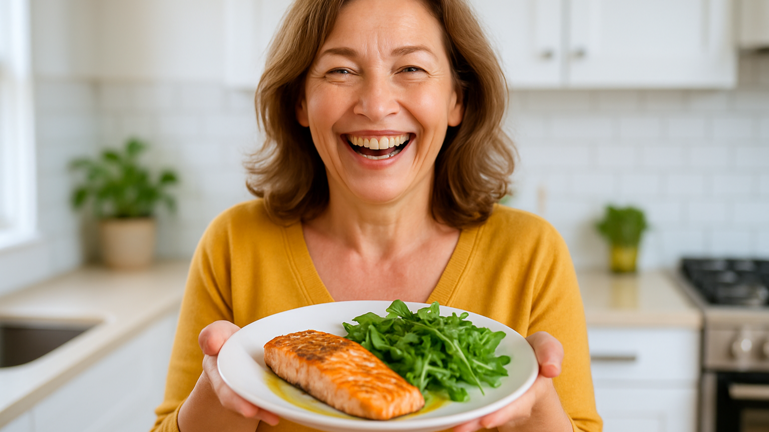 Радостная женщина средних лет с тарелкой здоровой еды