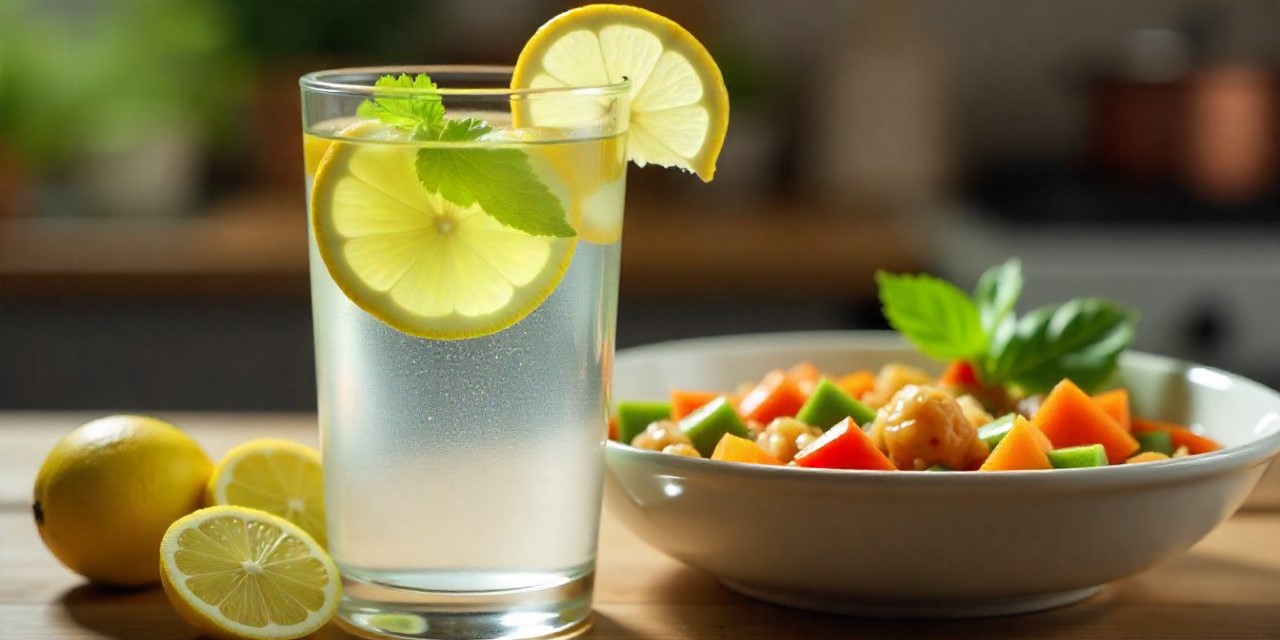 Стакан воды с лимоном и правильное питание